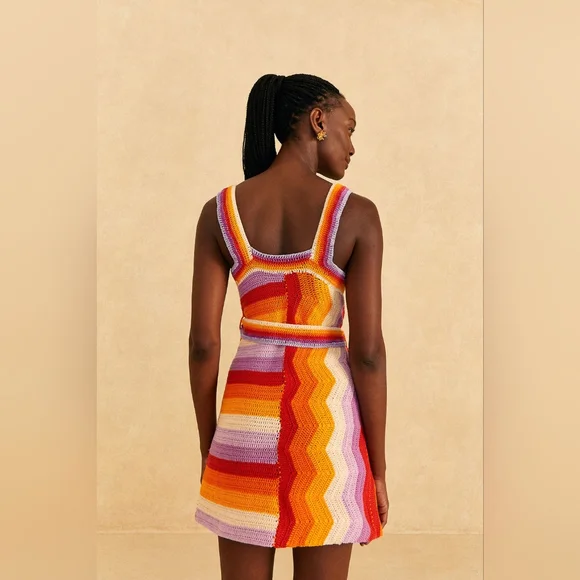 Anthropologie FARM Rio Orange And Pink Crochet Mini Dress With Belt - Picture 2 of 5